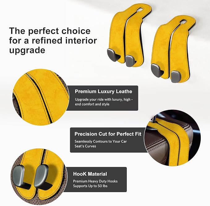 CoBak Purse Hook for Car - Universal Premium Stitched Leather and Aluminum-Magnesium Alloy Double Car Seat Back Storage Hook for Purses, Handbags, Bags (2 Pack),Bright Yellow - Image 3