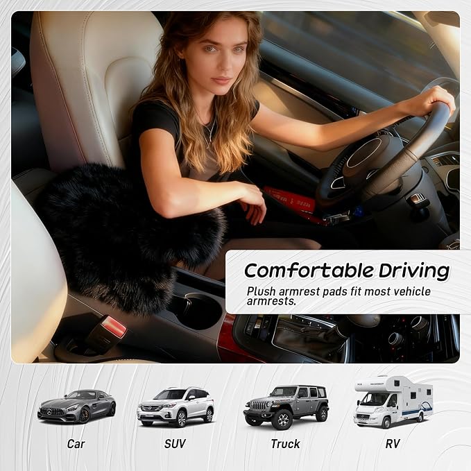 Fluffy Car Armrest Cover with Side Pockets – Plush Fuzzy Fur Center Console Armrest Cushion Pad, Universal Winter Car Interior Protector, Soft Arm Rest Cover with Storage for Women & Men (BLACK) - Image 6