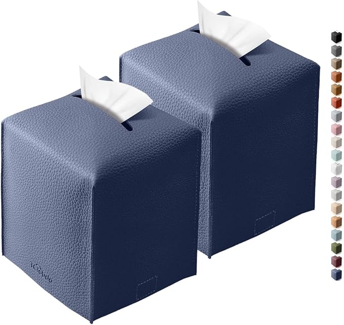 Tissue Box Cover for PU Leather, Modern Simple Solid Color Holder Square Tissue Bag, Ideal for Bathrooms,Office,Car,Outdoor Tent,Dining Table,5"X5"X5", Double Navy Blue by Tclouda