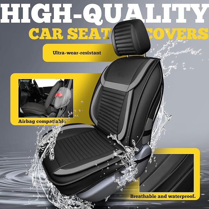 Car Seat Covers Full Set, Faux Nappa Leather, for Sedans and SUVs | Waterproof, Breathable and Airbag Compatible, Fits Most Bucket Seats, 5 Seats, Gray-Black - Image 6