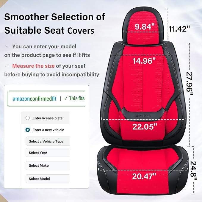 Coverado Front Seat Covers, Universal Seat Covers for Cars, Breathable Leather Car Seat Protector, Front Car Seat Covers, Seat Covers Waterproof, Driver Seat Cover Fit for Most Cars, BlackRed - Image 6