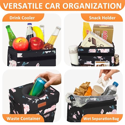 Vankor Car Trash Can with Lid Leak Proof Car Accessories for Women | 2.2 Gallon Cute Hanging Car Trash Bin for Men Car Truck Vehicle Sedan Interior Automotive Garbage Cans, Black Floral - Image 6