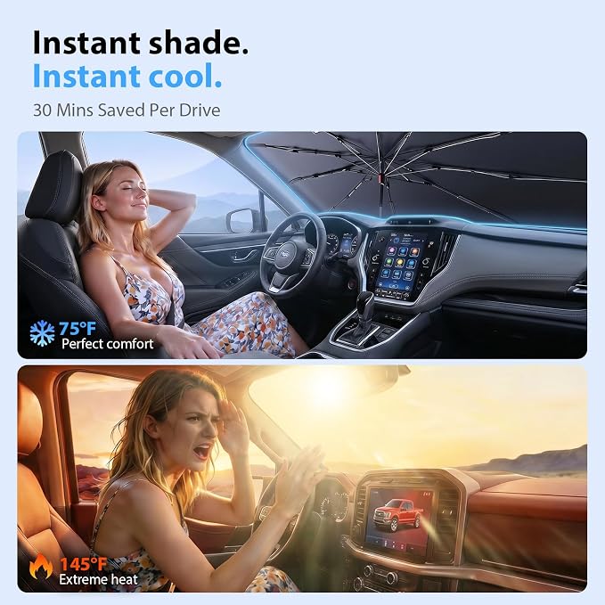 2026 Upgraded Windshield Sun Shade Umbrella for Ford Transit 150 [Precision Custom Fit, Superior UV & Heat Block] Cooling Tech Fabric, Durable Foldable with Storage Bag, Fits 2015-2025 - Image 3