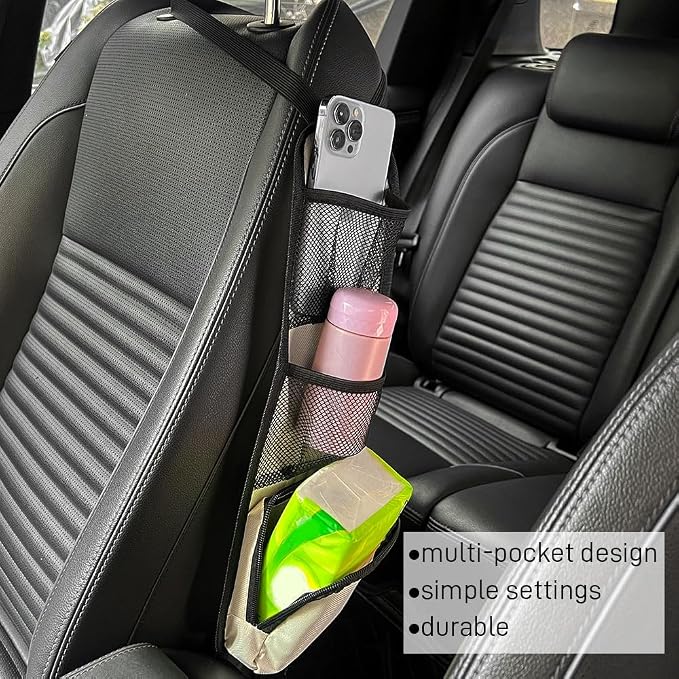 Car Seat Side Storage Pocket, Car Multifunctional Seat Organizer Hanging Bag, Auto Mobile Phone Wallet Sunglasses Mesh Net Pocket, Auto Accessories for Cars SUVs Trucks (Beige, 2PCS) - Image 7