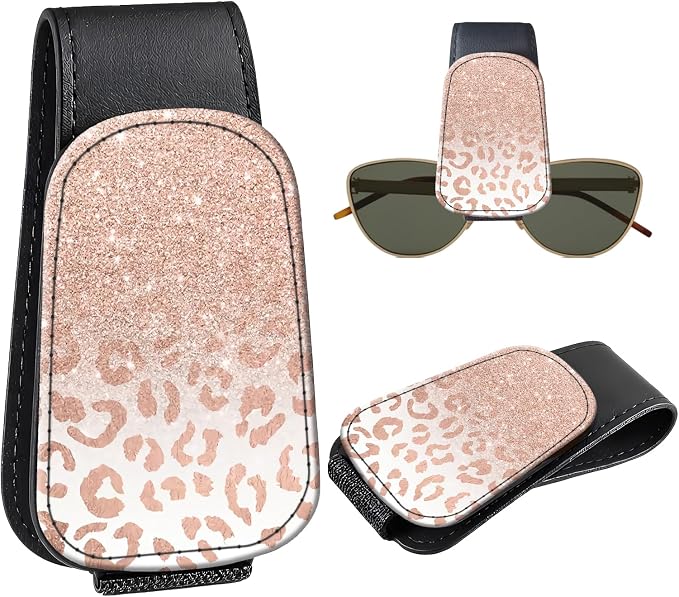 Leather Magnetic Sunglass Holder for Car Sun Visor, Cute Eyeglass Ticket Card Hanger Clip, Universal Auto Interior Accessories for SUV Pickup Truck, Ombre Leopard by Unknown