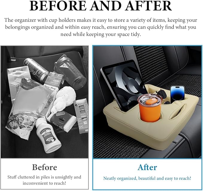 Car Back Seat Organizer, Leather Automotive Rear Seat Couch Cup Holder Expander Tray, Vehicle Cup Holder Tray Holds Snacks Remotes Phones for Truck RV Boat Couch Pillow Bed (Beige) - Image 4