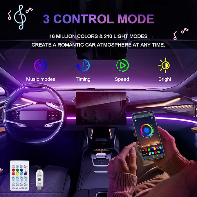 43.3in Acrylic LED Lights for Car, 146 LEDs RGB LED Strip Light | App Control, Music Sync Interior Car Lights for Women Men Gifts - Image 4