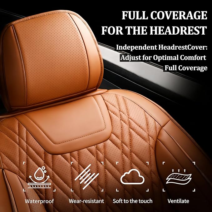 Seat Covers Fit for GMC Sierra 1500/2500/3500 HD 2007-2025,Premium Leather, Waterproof, All-Weather, Airbag Compatible, Breathable, Seat Protectors, Full Set, Brown - Image 4