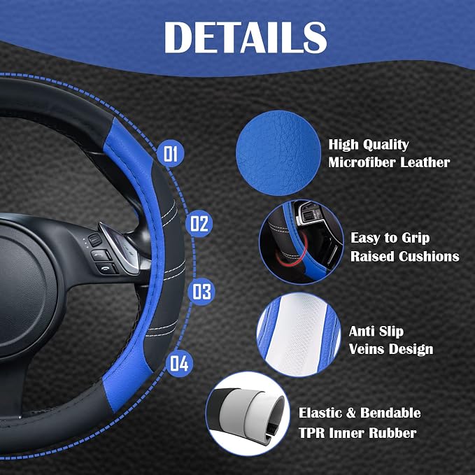 CAR PASS Line Rider Microfiber 14 Inch Leather Sporty Steering Wheel Cover Universal Fits for Truck,SUV,Cars, Anti-Slip Safety Comfortable Desgin (Black-Blue) - Image 3