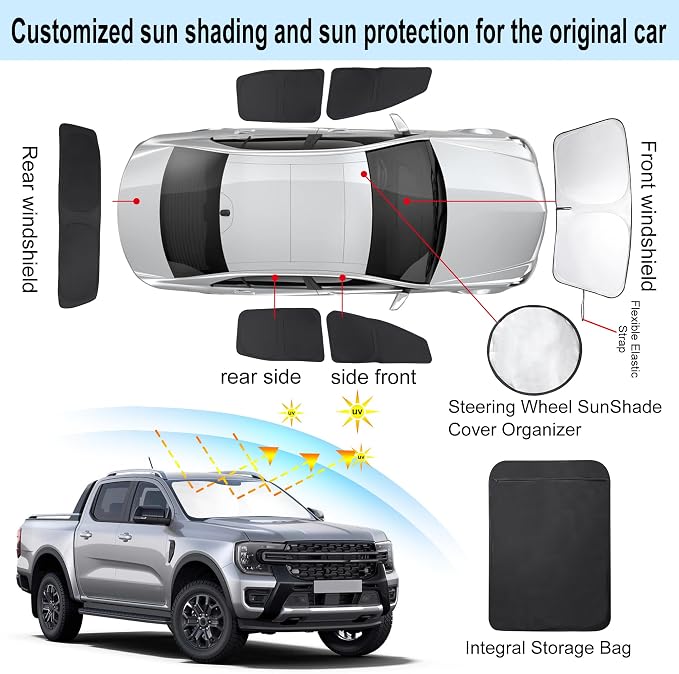 Windshield Sun Shade Foldable Full Windows Coverage Custom Fit for 2019-2024 Fo-rd Ranger Accessories Car Window Shades Block Sun UV Rays Privacy Protection 6PCS - Image 3