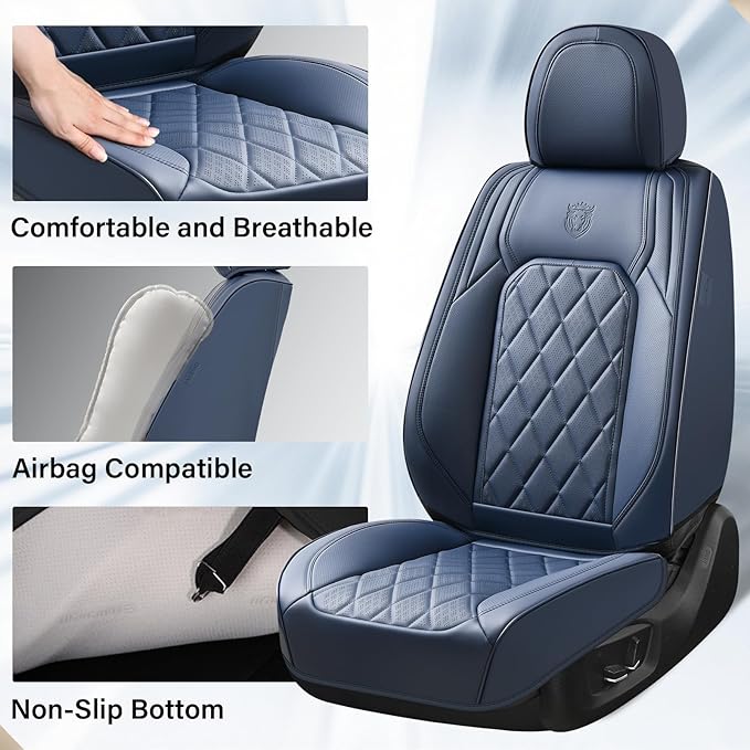 Coverado Car Seat Covers, Front Seat Cover, 2 Pack Luxury Faux Leather Seat Covers for Cars, Waterproof Car Seat Protector, Blue Car Seat Cover, Universal Car Seat Protectors Fit for Most Cars - Image 3
