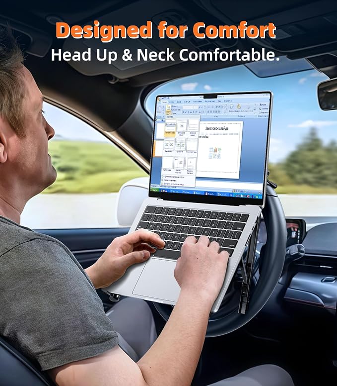 Car Laptop Mount Steering Wheel Tray Holder, Height Adjustable Car Desk for Laptop Computer Tablet, Foldable Portable Lap Laptop Stand for Car Vehicle Workstation Accessories Truck SUV Tesla - Image 2