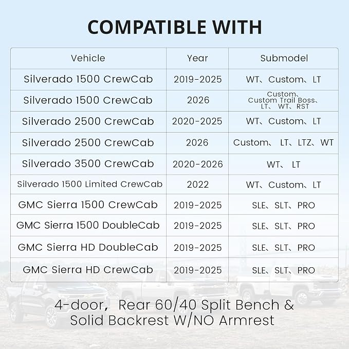 Custom Fit Seat Covers Full Set for Chevy Silverado/GMC Sierra 1500 (2019-2026) and 2500HD/3500HD (2020-2026)-CrewCab,No Rear Seat Storage,Fully Covered,Waterproof Leather Truck Seat Protector(Grey) - Image 4