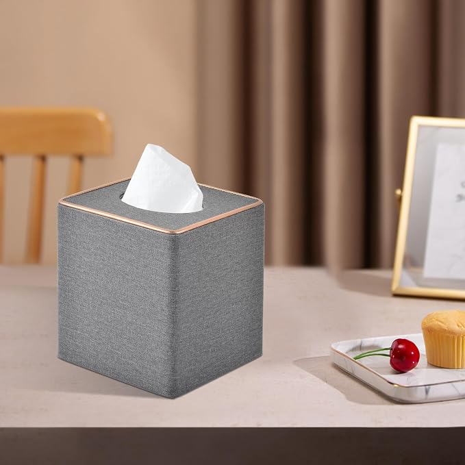 Linen Square Tissue Box Holder Cube Tissue Box Cover－Rosegold Leather Recorate,Napkin Holder Case Dispenser, Tissue Holders with Magnetic Bottom for Home Office Car Hotel Restaurant,Grey - Image 7