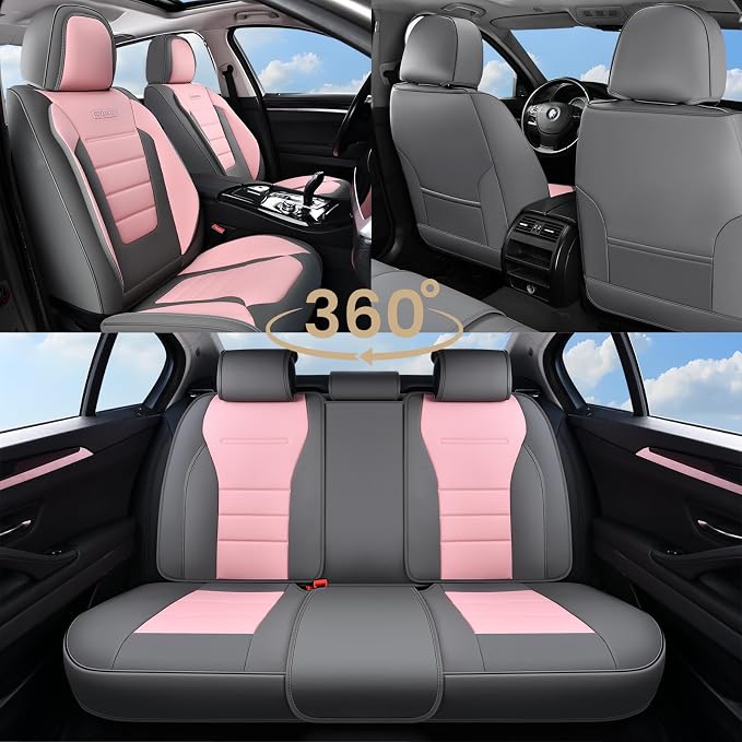 Coverado Car Seat Covers Full Set, Nappa Leather Seat Covers for Cars, Car Seat Protector Car Seat Cushion, Front and Back Seat Protectors Cushions Universal Fit for Most Cars Vehicles(Gray&Pink) - Image 7