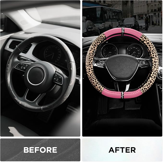 Road Comforts Leopard Steering Wheel Cover for Women, Cute Anti-Slip Microfiber Leather, Fits D Shape Flat Bottom Steering Wheel 14.5-15 Inch - Pink - Image 3
