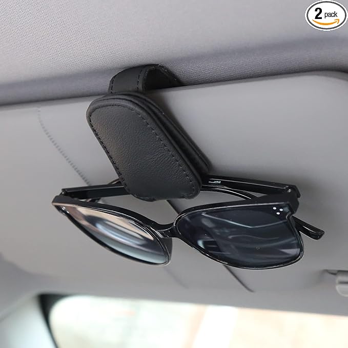 KIWEN 2 Packs Sunglasses Holders for Car Visor, Magnetic Leather Glasses Eyeglass Clip for Car, Ticket Card Clip Sunglasses Mount, Car Visor Accessories Gadgets (2, Black) by KIWENDirect