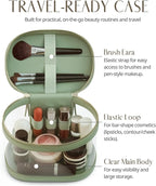 Travel Makeup Case Clear Vanity Bag with Brush Holder, Compact Leather Train Case Sage Green Make Up Bag Storage Organizer Luxury Cosmetic Case Travel Essentials Cute Portable with Handle - Image 3