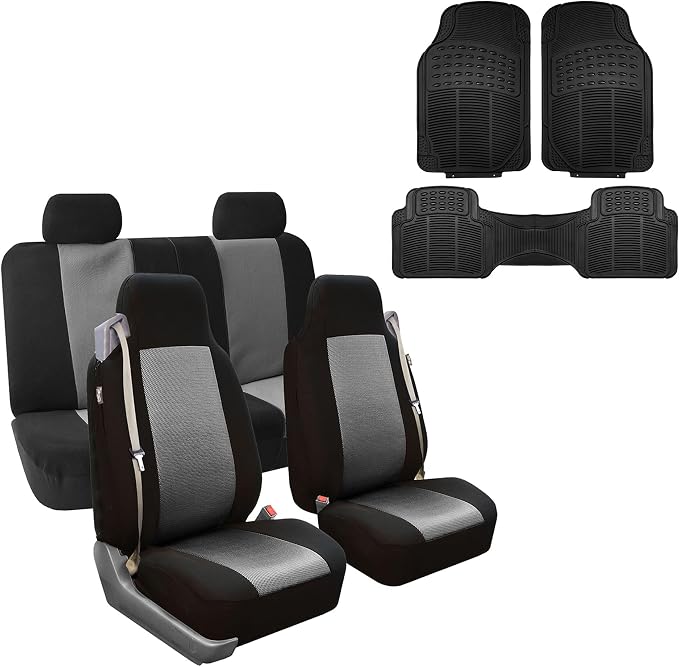 FH Group FH-FB302114 All Purpose Flat Cloth Car Seat Covers Gray/Black Color with F11306 Vinyl Floor Mats- Fit Most Car, Truck, SUV, or Van by FHGroup