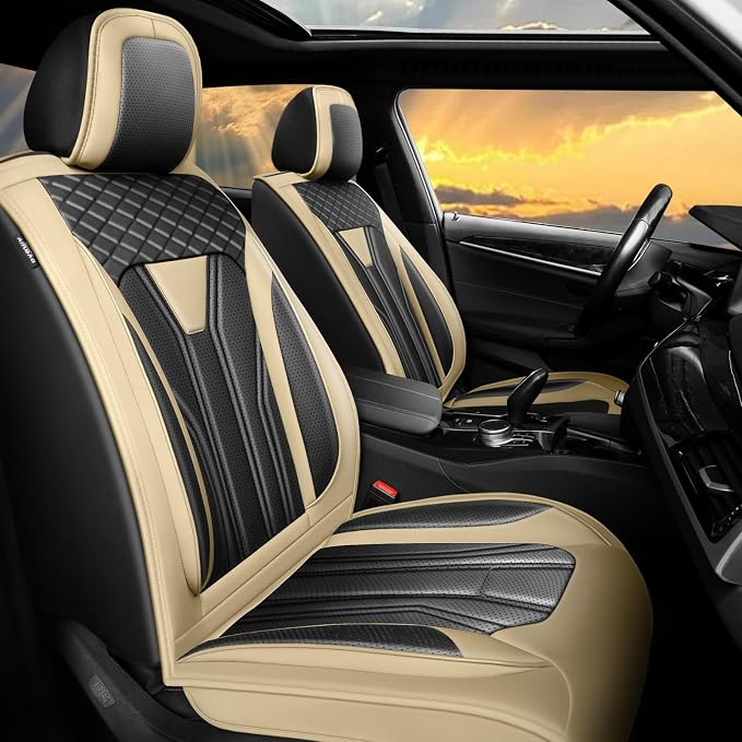 Fit Frontier Car Seat Covers Premium Leather for Nissan Frontier 2009-2025 2026. Waterproof， Breathable, Scratch-Resistant & All-Weather Seat Cushion Protector（Full Set,Beige&Black by Unknown
