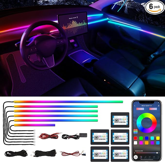 Dreamcolor Acrylic Interior Car LED Strip Light with Wireless APP, RGB 6 in 1 with 175 inches 600 LEDs Fiber Optic Car Ambient Lighting Kits, Sound Active Function LED Strip for Car Accessories by MAODANER
