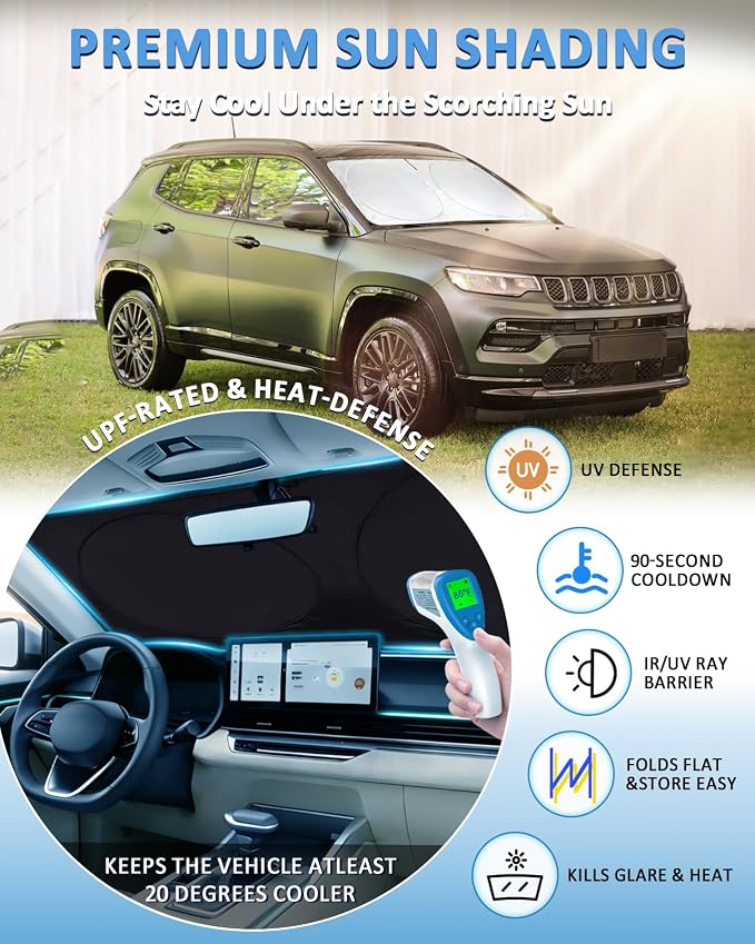 Windshield Sun Shade for Jeep Compass 2007-2017 Sunshade | Window Shield Custom Fit Compass Accessories Shade Sun Visor Foldable Block UV Rays - Image 2
