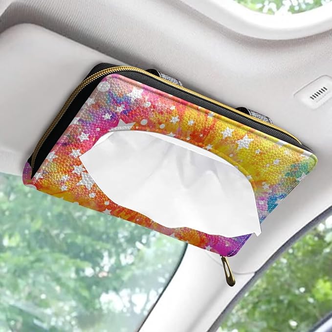 Biyejit 2 Pack Car Tissue Holder, Tie Dye Stars Premium Sun Visor Napkin Case, Hanging Car Accessories Used to Organize Paper Towels and Storage Small Items - Image 2