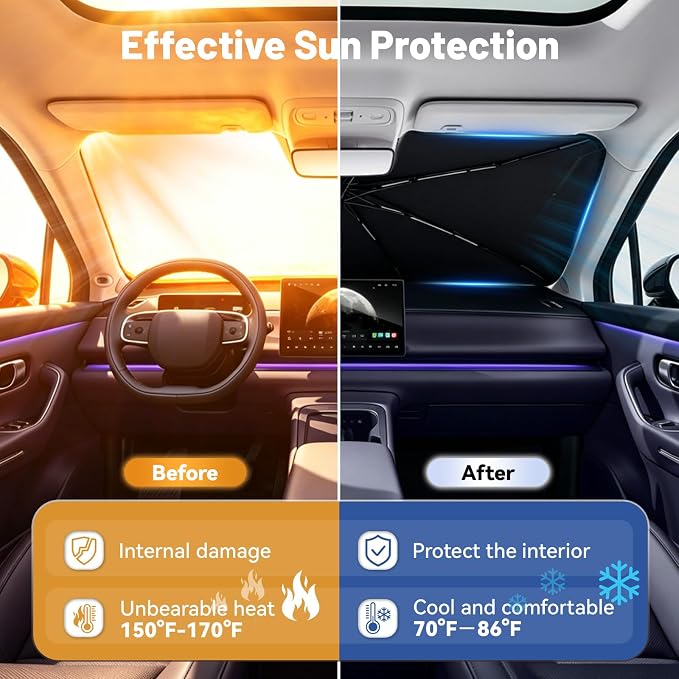 Foldable Car Windshield Sun Shade Umbrella with Rearview Mirror Notch, Titanium Silver UV Blocker for Heat Reduction, Bendable Handle & Anti-Scratch Tips, Fits Sedan Compact SUV (Medium 54"x31") - Image 3