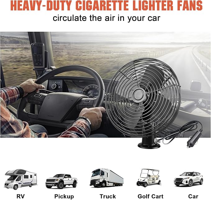 12V Portable Fan RV | Truck Cooling Heavy Duty 9" Metal Clip-On Car Fan Bus | Boat | Forklift | Car | Camper | Lawn | Mower | Tractor 2-Speed High Velocity Black - Image 2