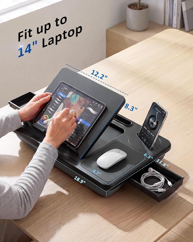 Adjustable Lap Desk with Cushion Stroage Rotatable Phone Stand | Laptop Lap Desk with 8 Angles Adjustable Mouse Pad and iPad Stand for Bed Couch Car Home Office, Fits up to 14" Laptop - Image 6
