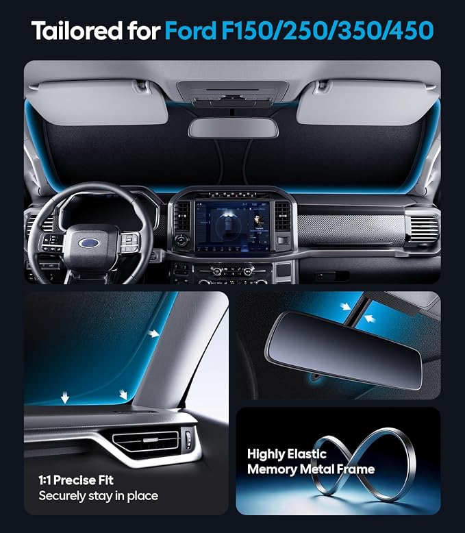 Wigoo for Ford F150/250/350/450 Windshield Sunshade, OEM Design, Keeps Cool | Custom Fit, 100% Sun Block, Foldable Heat Insulation, with Storage Bag, Compatible with Ford F150/250/350/450 (2015-2026) - Image 4