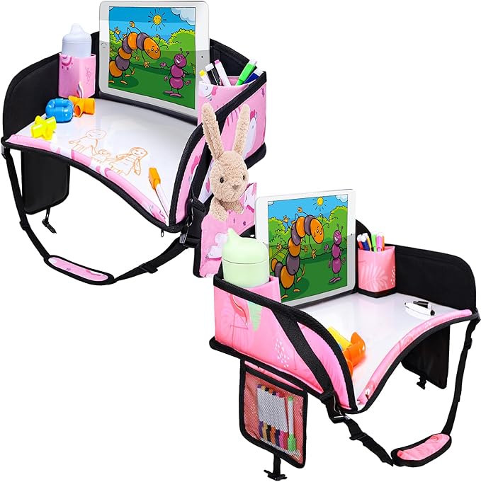 2PCS Kids Travel Tray, Toddler Road Trip Essentials With Drawing Kit | Dry Erase Board, iPad Holder Stand, Adjustable Straps to Prevent Shaking, Multi-Pockets, Portable by WENRENER