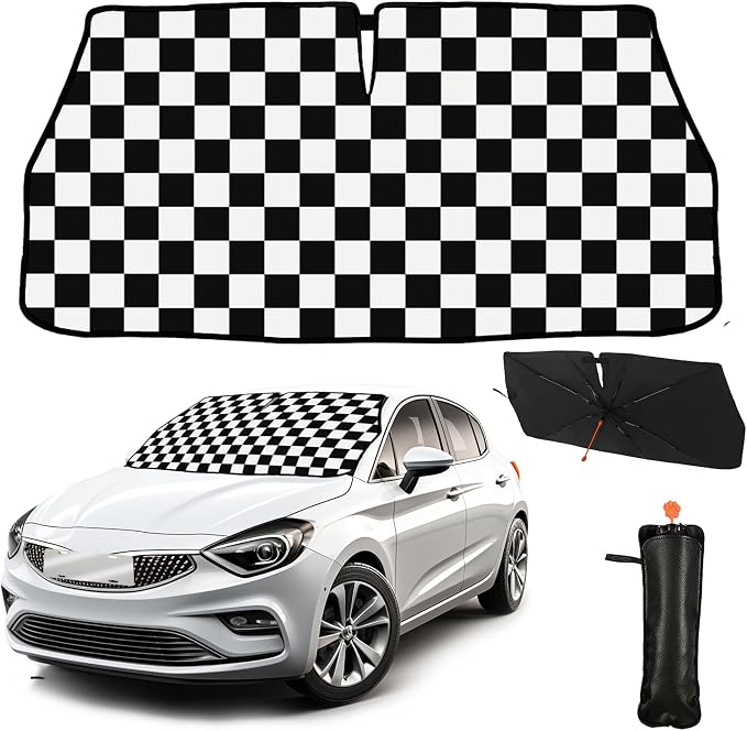 CHILL·TEK Funny Car Windshield Sun Shade Umbrella, Checkered Car Sun Shade Umbrella, Block UV Rays Heat Foldable Windshield Umbrella Sun Visor Protector - Keep Vehicle Cool for Cars SUV by CHILL%C2%B7TEK