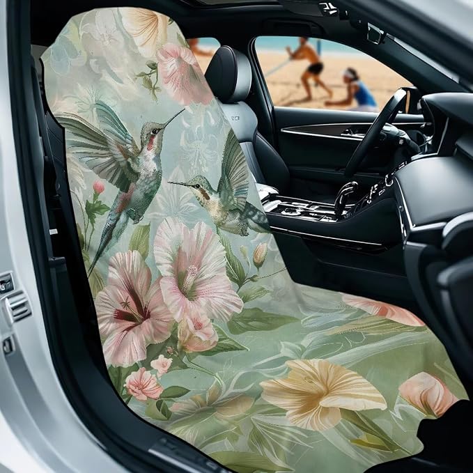 Hummingbird Flower Car Seat Towel Cover with Storage Bag Sweat Auto Front Seat Towel Cover Animal Hummingbird Car Seat Protector Auto Interior Accessories for Yoga Running Swimming Towels - Image 2