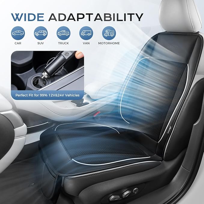 Coverado Cooling Car Seat Cushion, Universal Front Seat Cover 12V-24V Ventilated 3D Mesh Breathable Pad with 3 Speed Mode Dual Fan for Cars SUV Heatwave Driving Black&White - Image 3