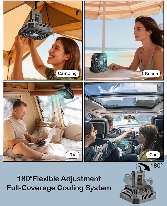 Odoland Portable Camping Fan with LED Lantern, 40H Rechargeable Battery Fan | Quiet Tent Fan with Hanging Hook for RV Car Beach Outdoor Hurricane Emergency Outages, 4-Speed Wind & 3-Color Light, Black - Image 6