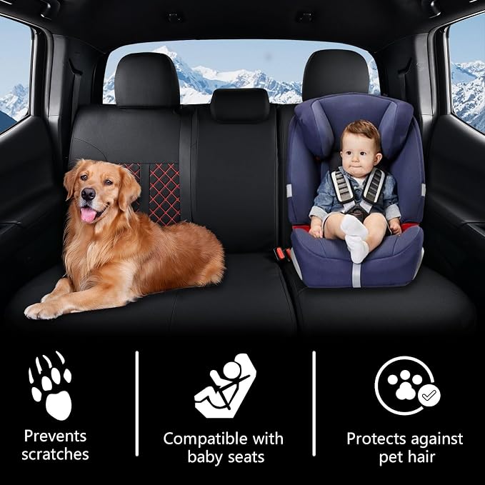 Truckiipa Toyota Tacoma Seat Covers Full Set, Waterproof Leather Seat Covers Fit for 4th Gen 2024-2026 Toyota Tacoma Double Crew Cab SR SR5 Limited TRD Sport/Off Road, Full Set, Black&Red - Image 6