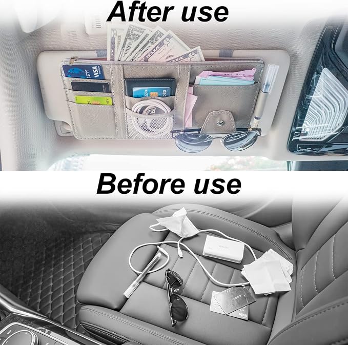 Keedolla Car Sun Visor Organizer with Zipper Pocket, Auto Interior Accessories Pocket Organizer Car Truck Visor Storage Pouch Holder for Cards, Pens, Sunglasses and Document - Gray - Image 8