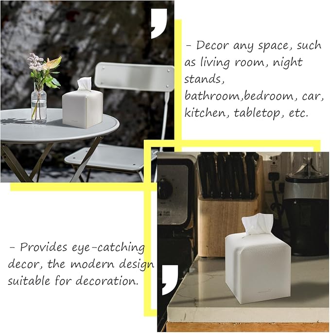 Tissue Box Cover 5X5X5'' PU Leather Tissue Holder Square Tissue Cube Box Organizer for Bathroom Vanity Countertop, Car, Night Stands, Office, Home, Kitchen (2Pack, White) - Image 2