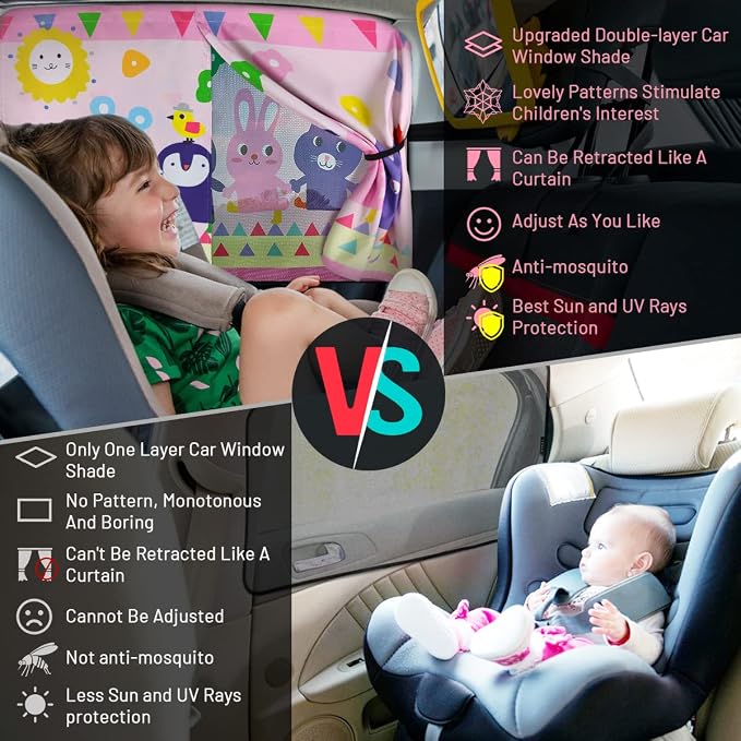 Car Window Shade for Baby, 2pcs Magnetic Auto Sun Shades for Side Windows Double Layer Full & Half Shade Options, Cute Patterns Car Window Curtains for Sun Glare Block - Image 4