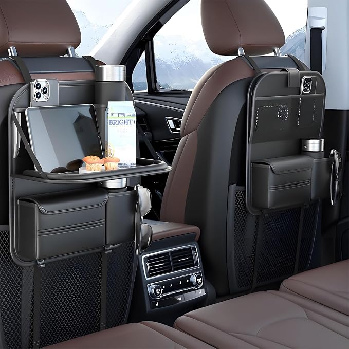 Universal Premium Leather Foldable Car Backseat Organizer with Table Tray, Seat Back Protector with Touch Screen Pad Phone Holder, Car Storage Pockets Tissue Holder with School Bags Hooks - Image 9