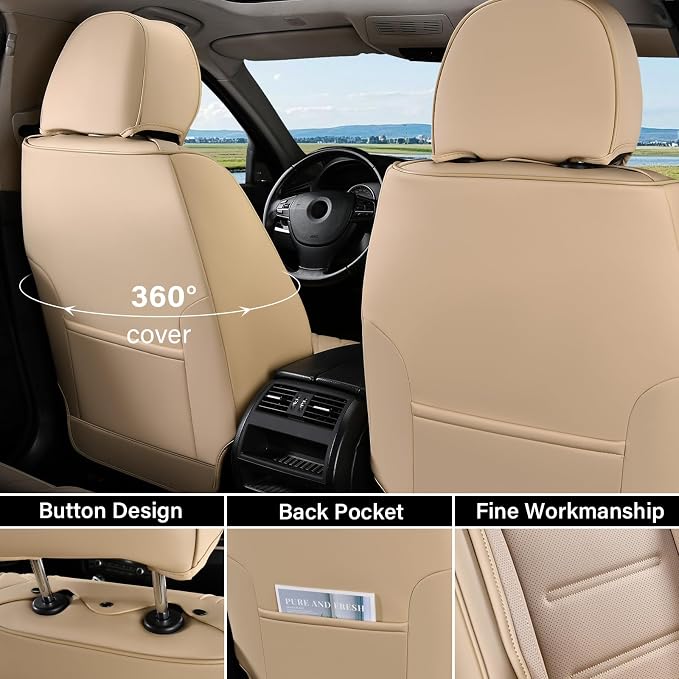 Coverado Car Seat Covers, Front Covers for Cars, Car Seat Cover Front Seats, Car Seat Protector Waterproof, Leather Car Seat Cushion, Universal Interior Covers Seat Protectors for Most Cars Beige - Image 2