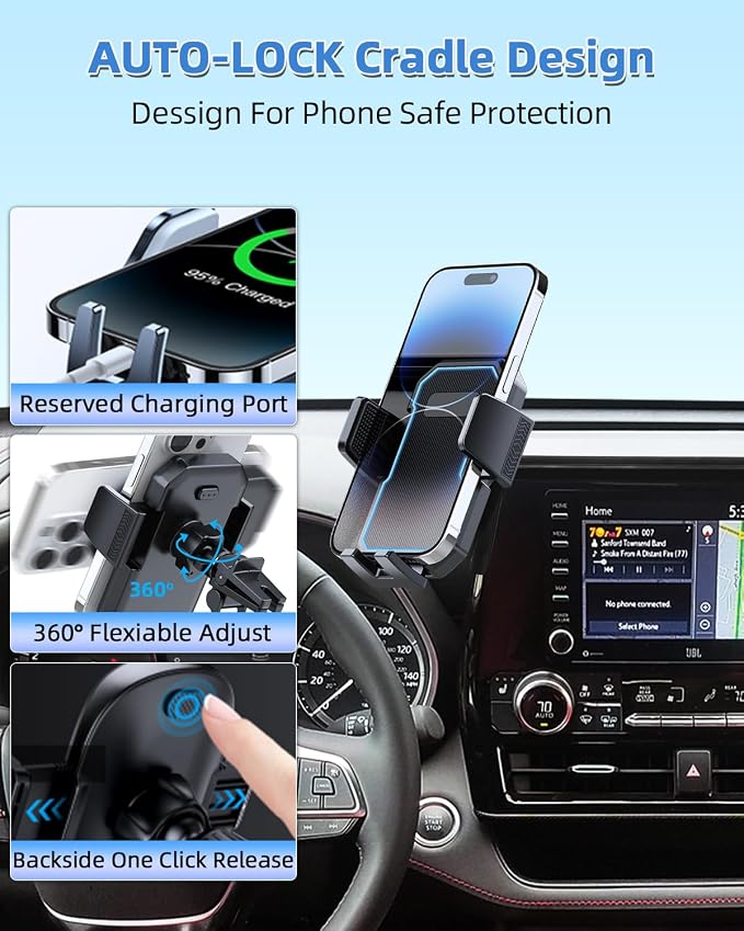 Car Phone Mount for 2020-2026 Toyota Highlander 8-inch Screen Accessories | L/LE/XSE/Hybrid XLE Auto Lock Car Phone Holder 360° Rotation Hands-Free Phone Cradles Not Affect Vent (Not fit 12.3-Inch) - Image 4