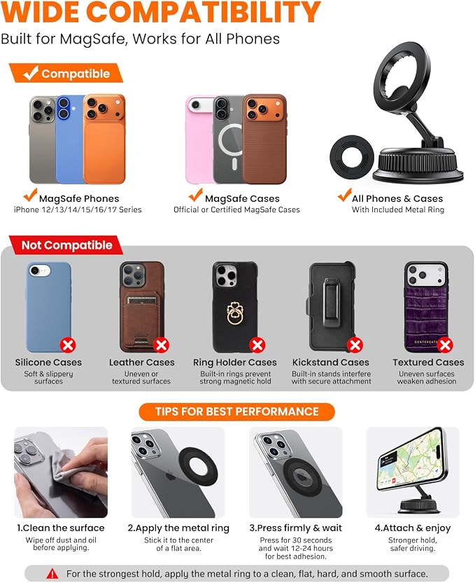 Vacuum Car Phone Holder for MagSafe, No-Glue Suction Cup Mount with Dashboard Pad, Reinforced Zinc Alloy Hinge, 360° Rotatable Foldable Cell Phone Holder for iPhone 17 16 15 14 13 12 Series - Image 7