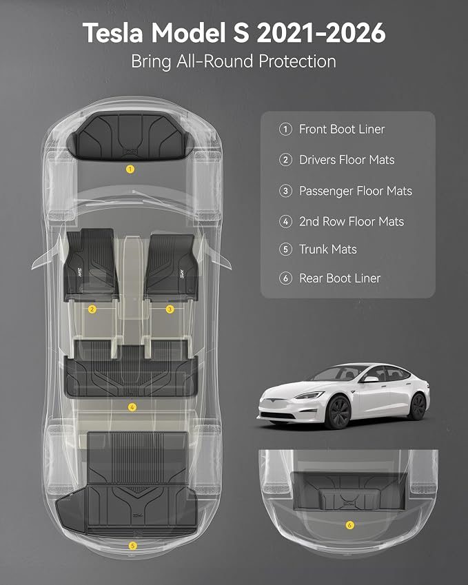 3W Floor Mats & Cargo Liner Fit for Tesla Model S 2021-2025 | All Weather TPE Custom Fit Floor Liners for 1-3 Rows and Trunk Full Set Car Mats, Model S Accessories, Black - Image 3