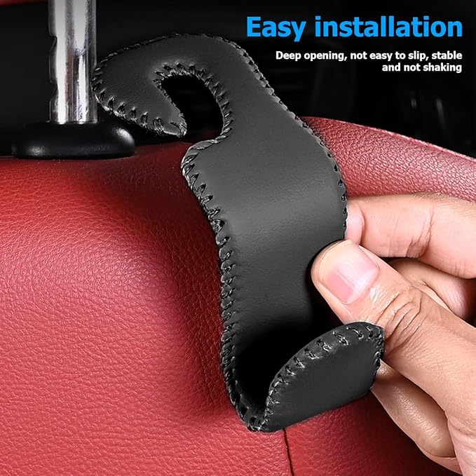 Zpana 2PCS Car Headrest Hooks Genuine U-Shaped Hanging Holder Wine Red | Genuine leather surface, suspended structure, rotates for front or back seat use, universal fit, automotive accessories - Image 4