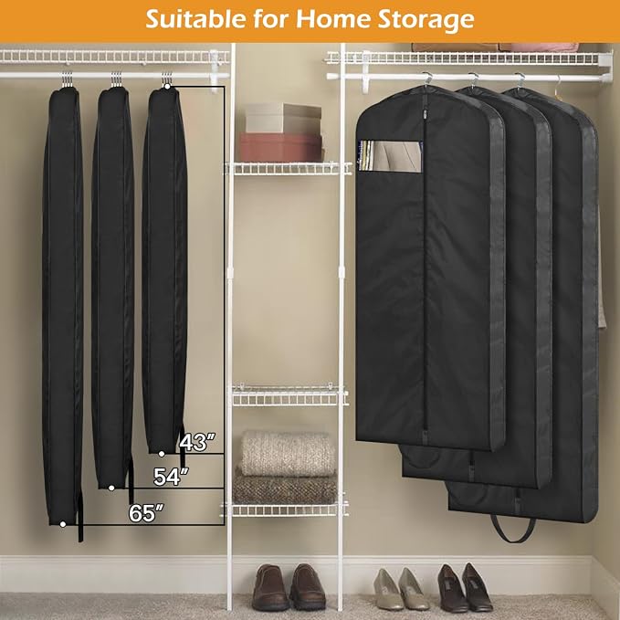 MISSLO 65" Long Garment Bags for Travel Dress Bags for Hanging Clothes Waterproof Wedding Dress Cover Traveling Clothing Protectors for Closet Storage 3-Pack for Gowns, Tuxedos, Coats, Black - Image 4
