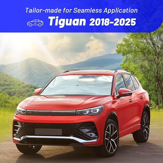 Windshield Sun Shade Umbrella for Volkswagen Tiguan 2018-2025 Front Windows | Foldable Car Sunshade with 360° Rotating Shaft, Custom fit Tiguan Sun Visor Shield for UV Blocking and Heat Insulation - Image 3