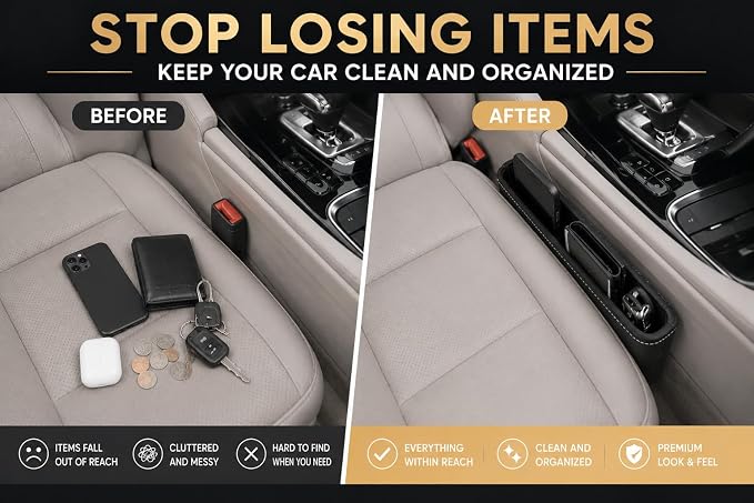 Car Seat Gap Organizer - Premium PU Leather Gap Filler with Storage Pockets, Universal Fit for Car, Truck, SUV - Prevents Phone, Keys from Falling Between Seats, Black - Image 2