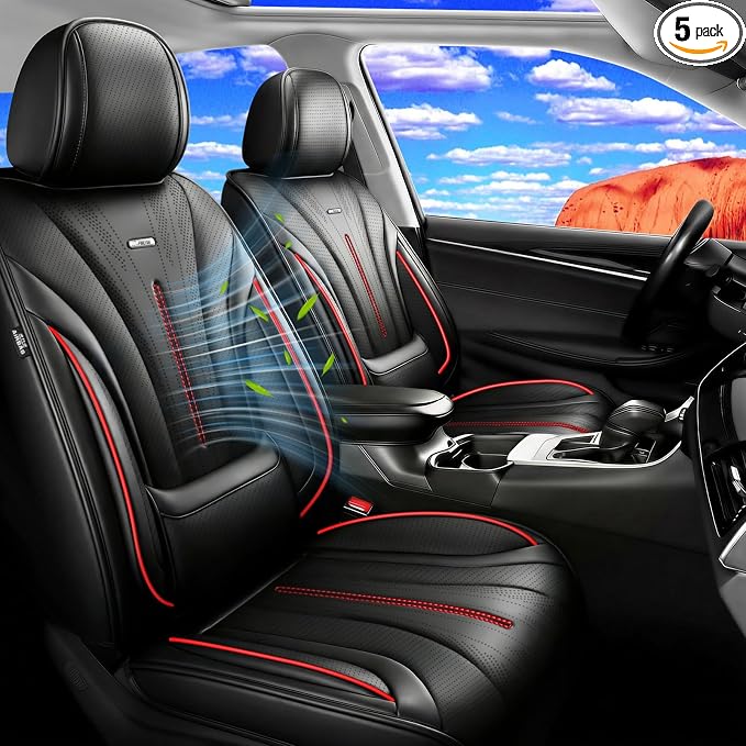 Fit Elantra Seat Covers Custom Fit for Hyundai Elantra 2017-2026, RedTrim | Full Set, Premium Leather Full Coverage Protectors, Waterproof, Breathable, Scratch Resistant, Easy Wipe, Airbag Compatible by FiveFox